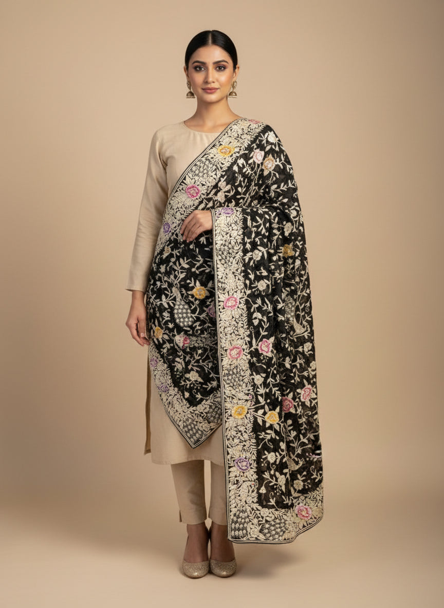 Pre Order Black Parsi Gara Dupatta with Ivory-Multicolour Embroidery