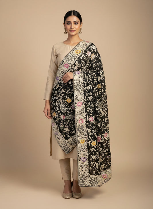 Pre Order Black Parsi Gara Dupatta with Ivory-Multicolour Embroidery