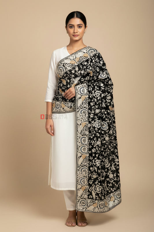 Pre Order Black Parsi Gara Hand Embroidered Dupatta
