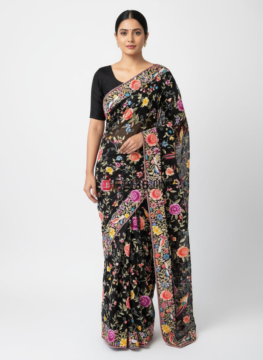 Pre Order Black Parsi Gara Hand Embroidered Saree