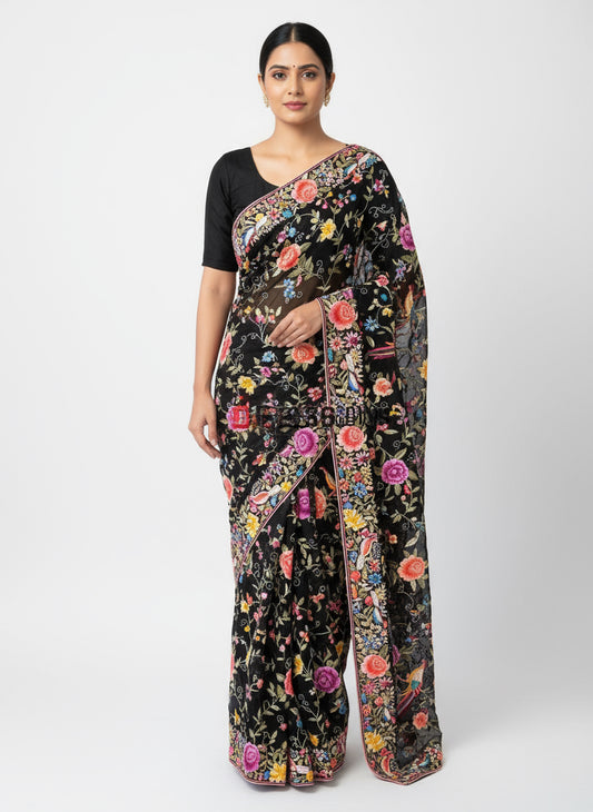 Pre Order Black Parsi Gara Hand Embroidered Saree