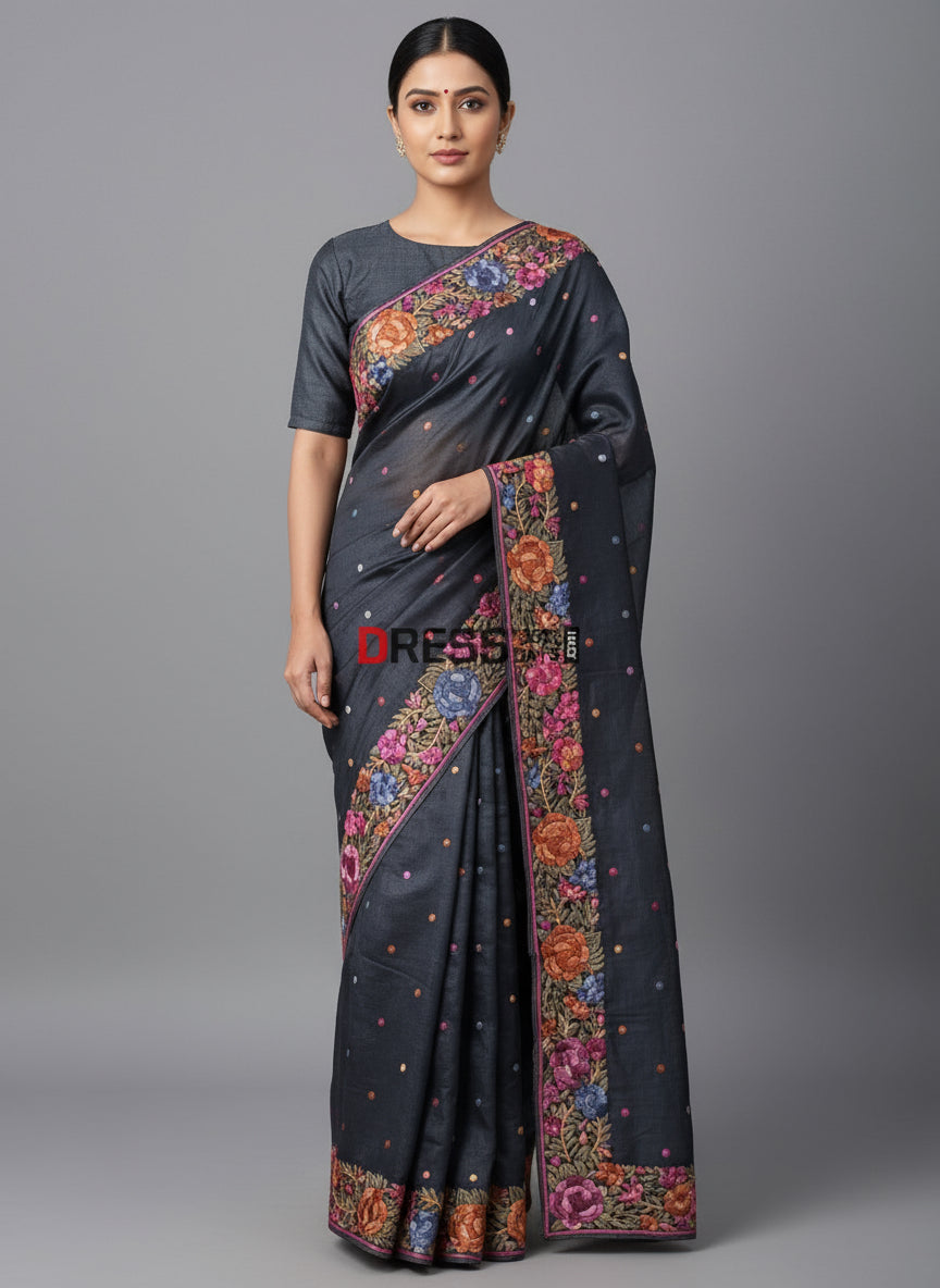 Pre Order Black Parsi Gara Hand Embroidered Tussar Silk Saree