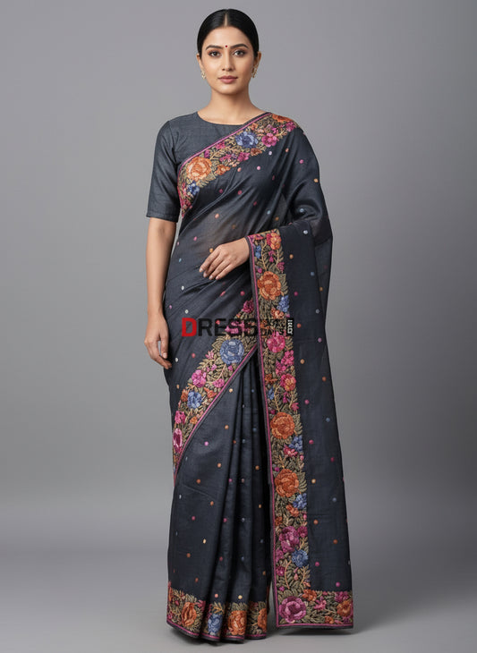 Pre Order Black Parsi Gara Hand Embroidered Tussar Silk Saree
