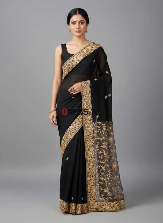 Pre Order Black Parsi Gara with Golden Embroidery