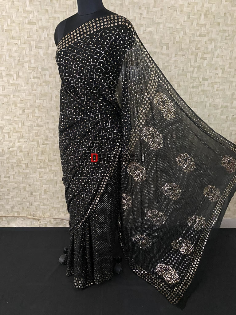 Black Pure Georgette Kamdani Saree