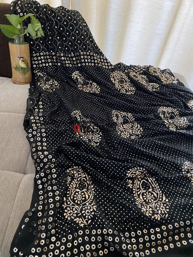 Black Pure Georgette Kamdani Saree