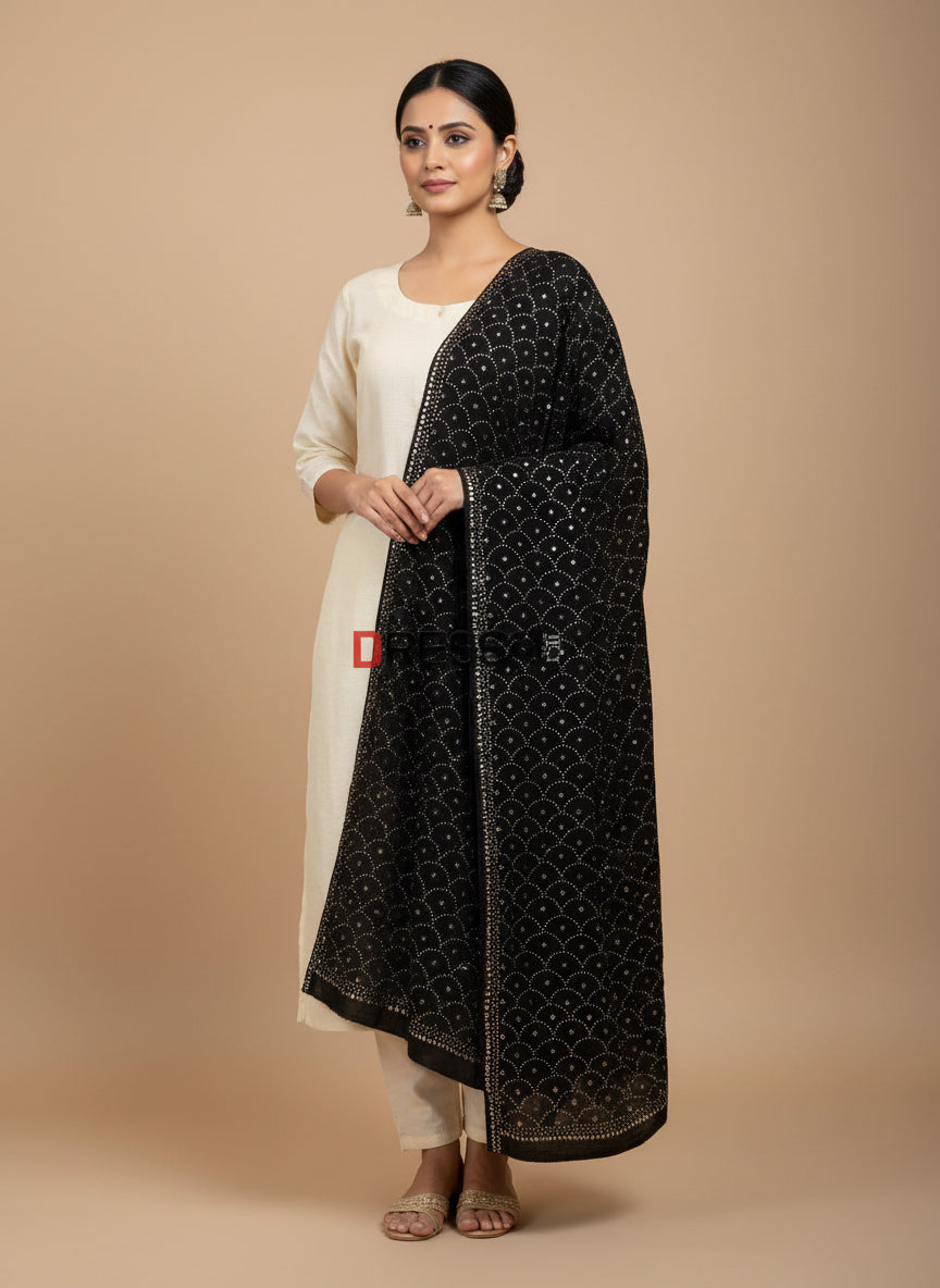 Black Pure Georgette Mukaish Dupatta