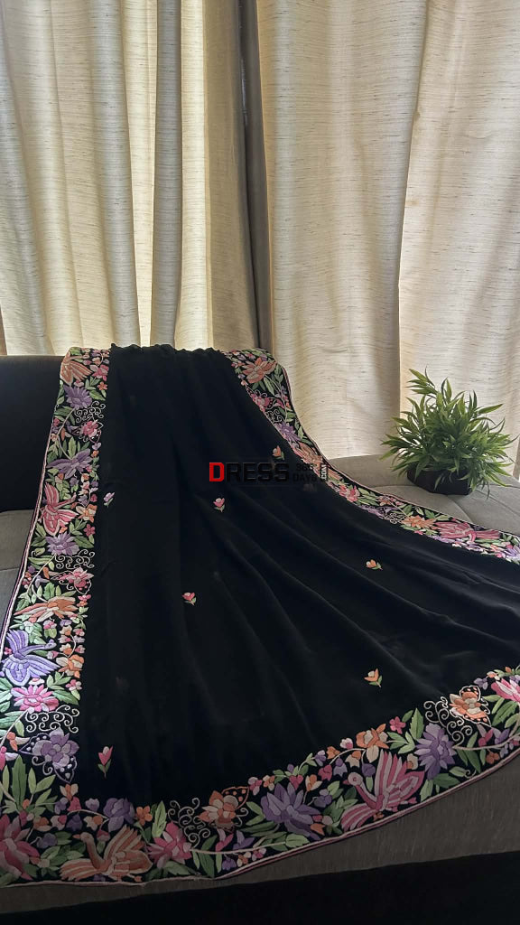 Black Pure Georgette Parsi Gara Dupatta Parsi Gara Dupatta