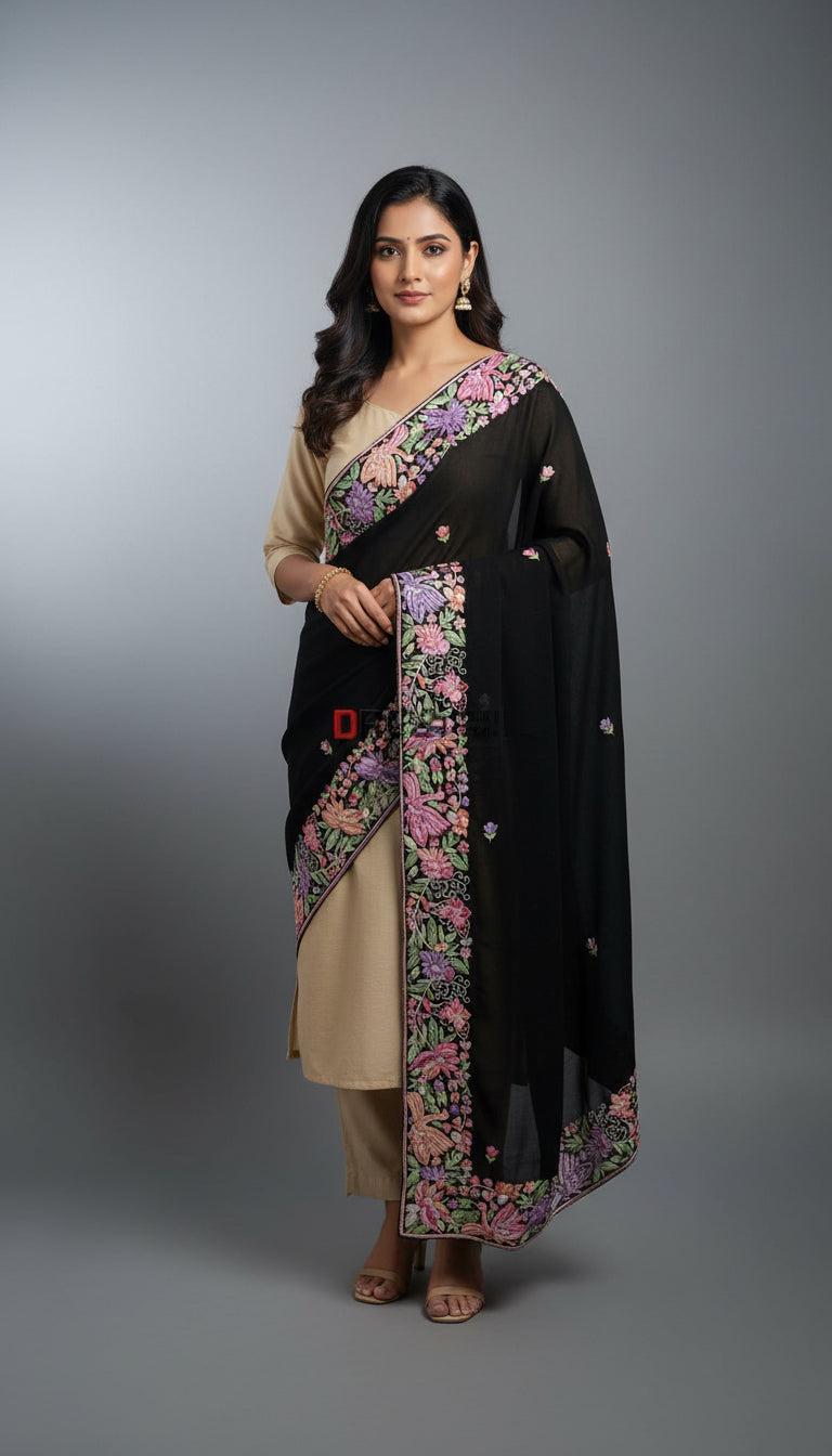 Black Pure Georgette Parsi Gara Dupatta