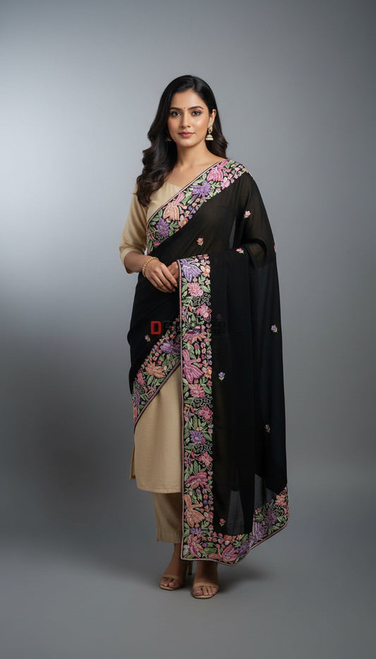 Black Pure Georgette Parsi Gara Dupatta