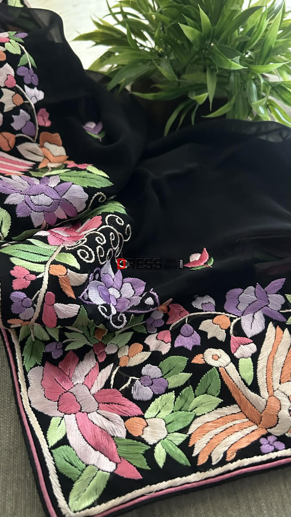 Black Pure Georgette Parsi Gara Dupatta Parsi Gara Dupatta
