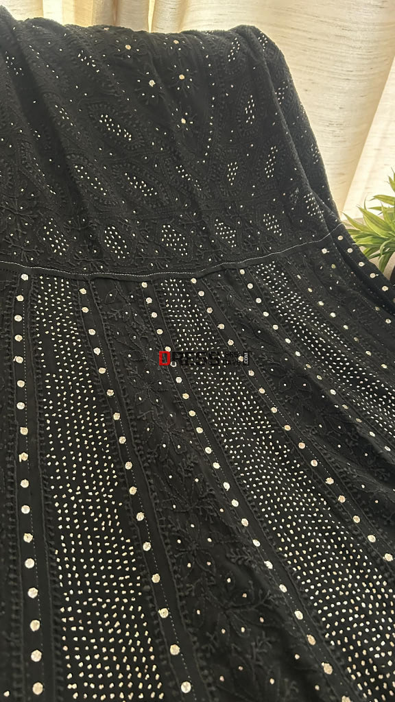 Black Yoke Style Chikankari Anarkali Suit With Golden Mukaish (Anarkali And Dupatta) Chikankari Anarkali