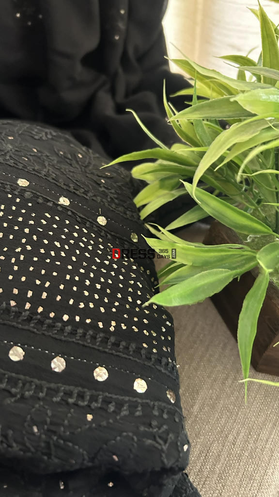 Black Yoke Style Chikankari Anarkali Suit With Golden Mukaish (Anarkali And Dupatta) Chikankari Anarkali