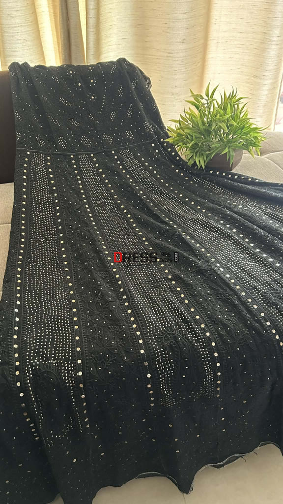 Black Yoke Style Chikankari Anarkali Suit With Golden Mukaish (Anarkali And Dupatta) Chikankari Anarkali
