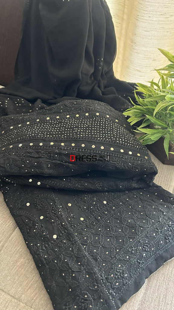 Black Yoke Style Chikankari Anarkali Suit With Golden Mukaish (Anarkali And Dupatta) Chikankari Anarkali