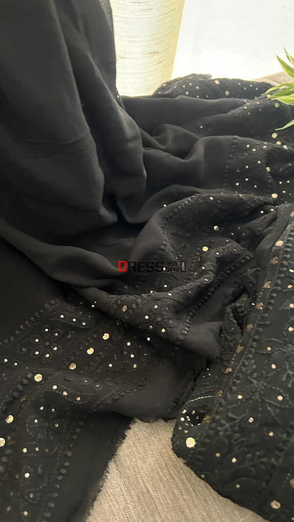 Black Yoke Style Chikankari Anarkali Suit With Golden Mukaish (Anarkali And Dupatta) Chikankari Anarkali