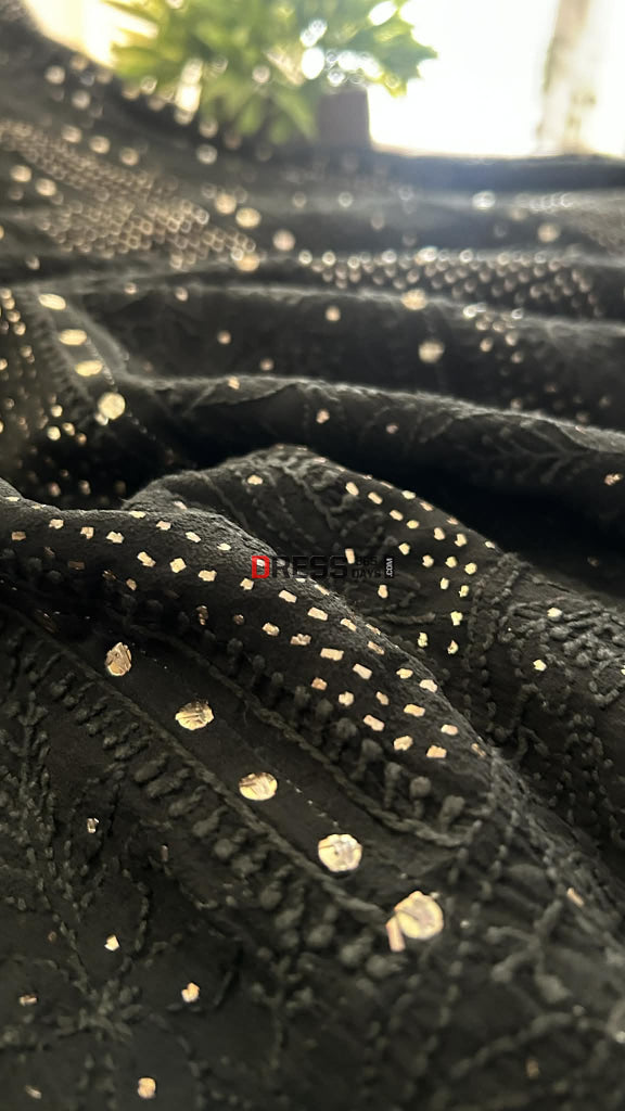 Black Yoke Style Chikankari Anarkali Suit With Golden Mukaish (Anarkali And Dupatta) Chikankari Anarkali