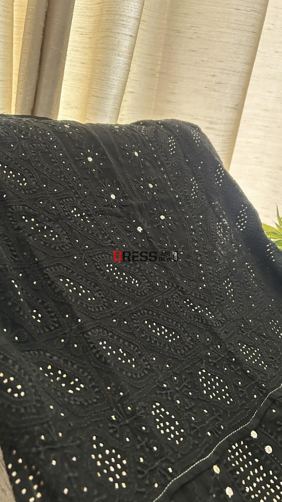 Black Yoke Style Chikankari Anarkali Suit With Golden Mukaish (Anarkali And Dupatta) Chikankari Anarkali