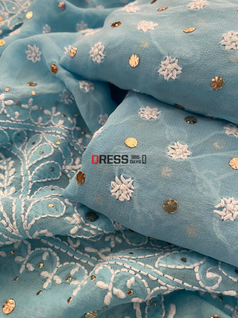 Blue Front And Back Chikankari Suit With Embroidered Dupatta Suits