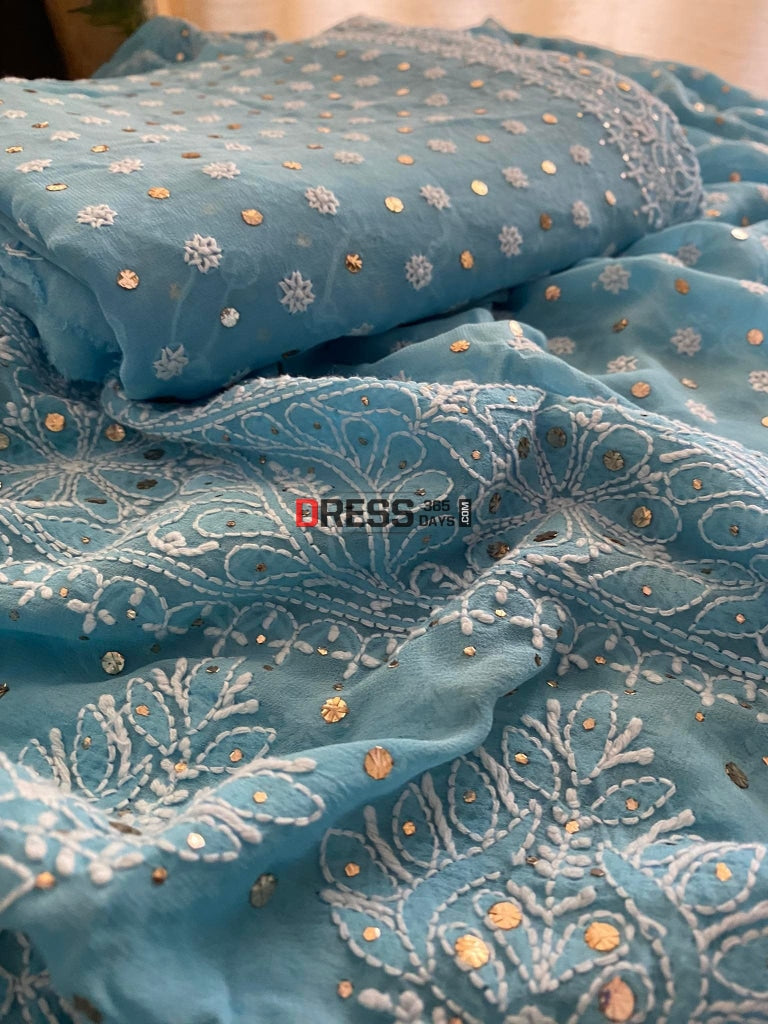 Blue Front And Back Chikankari Suit With Embroidered Dupatta Suits