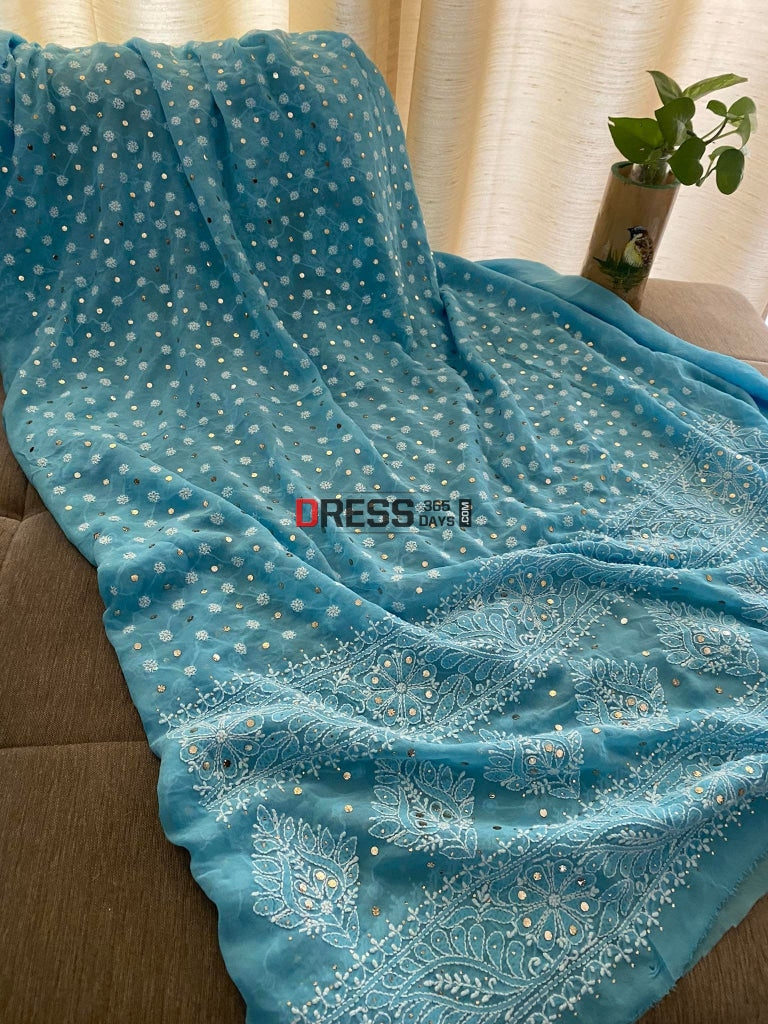 Blue Front And Back Chikankari Suit With Embroidered Dupatta Suits