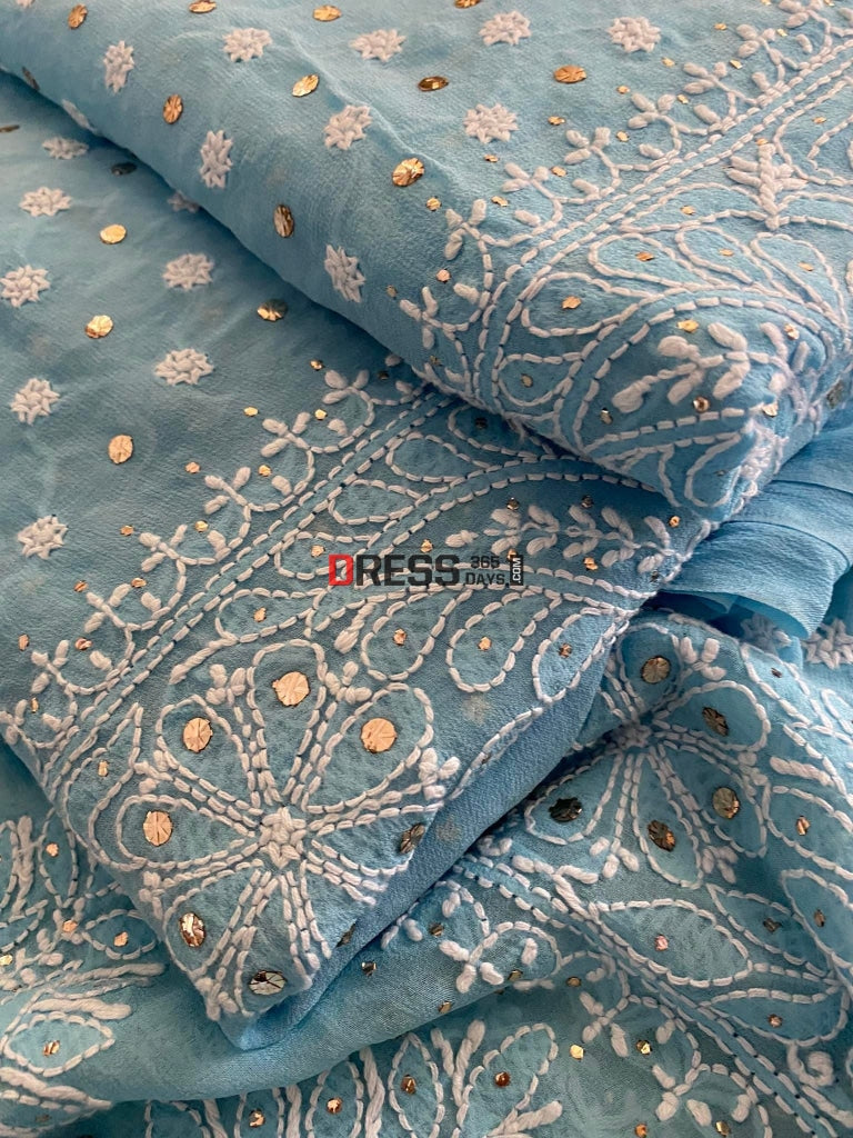 Blue Front And Back Chikankari Suit With Embroidered Dupatta Suits