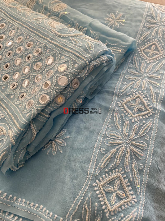 Blue Mirror & Pearl Lucknowi Suit Chikankari Suits