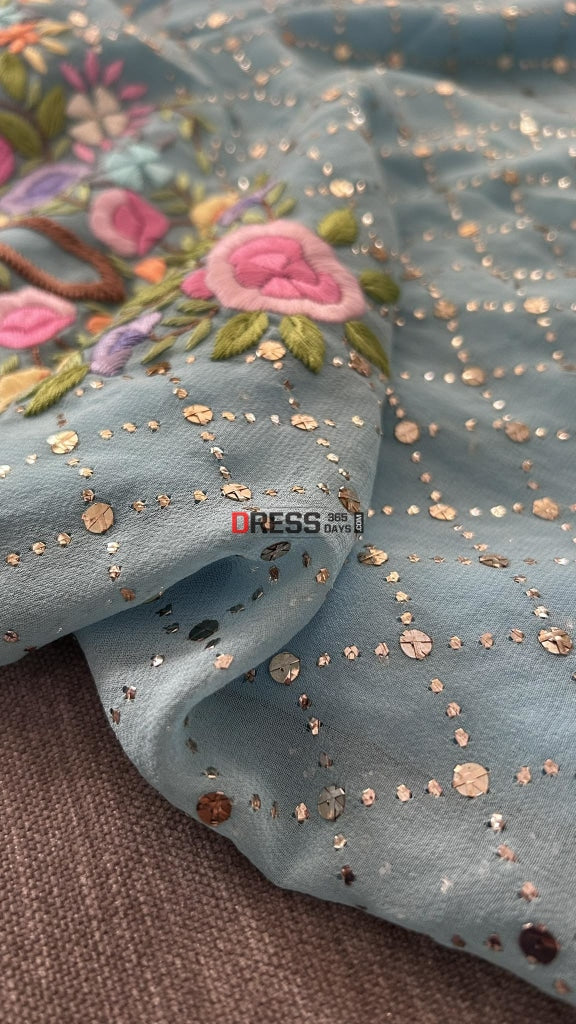 Blue Mukaish Suit With Parsi Gara Neckline Chikankari Suits