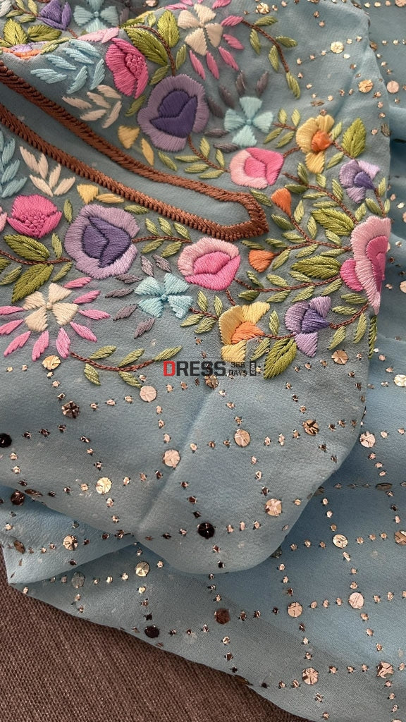 Blue Mukaish Suit With Parsi Gara Neckline Chikankari Suits