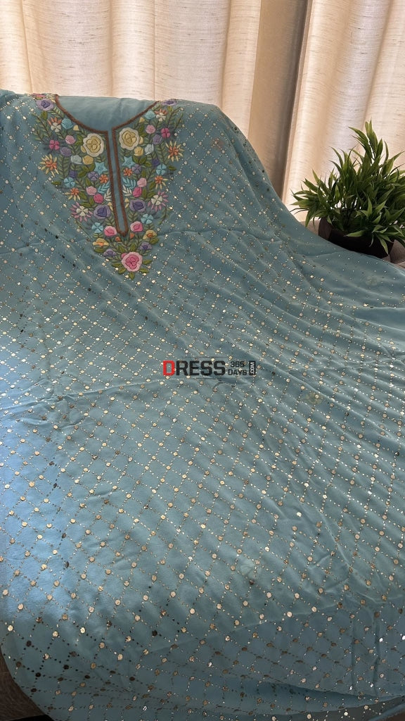 Blue Mukaish Suit With Parsi Gara Neckline Chikankari Suits