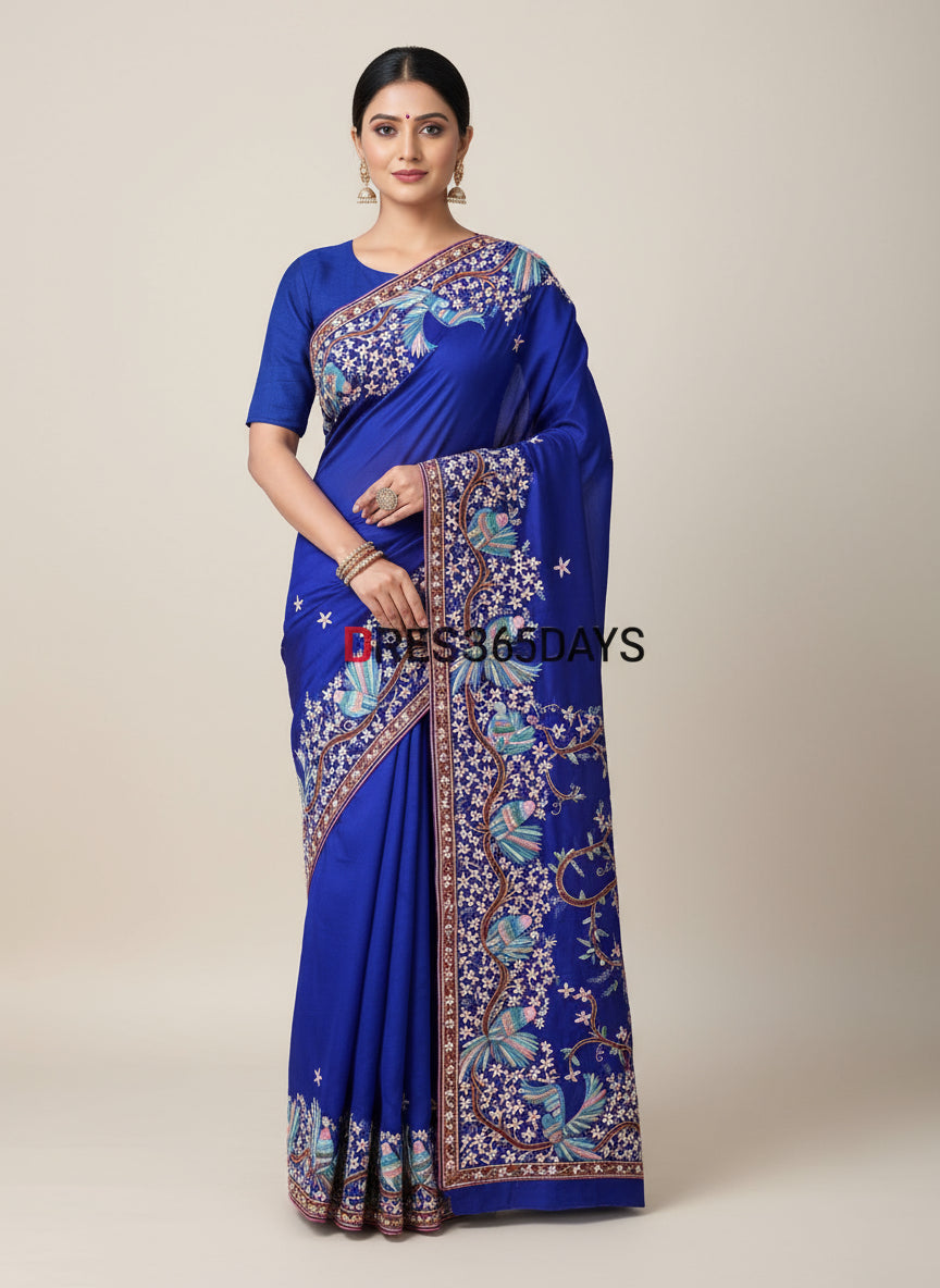 Pre Order Blue & Multicolour Parsi Gara Saree- Crepe Silk