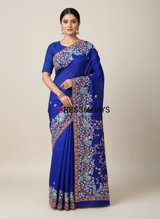Pre Order Blue & Multicolour Parsi Gara Saree- Crepe Silk