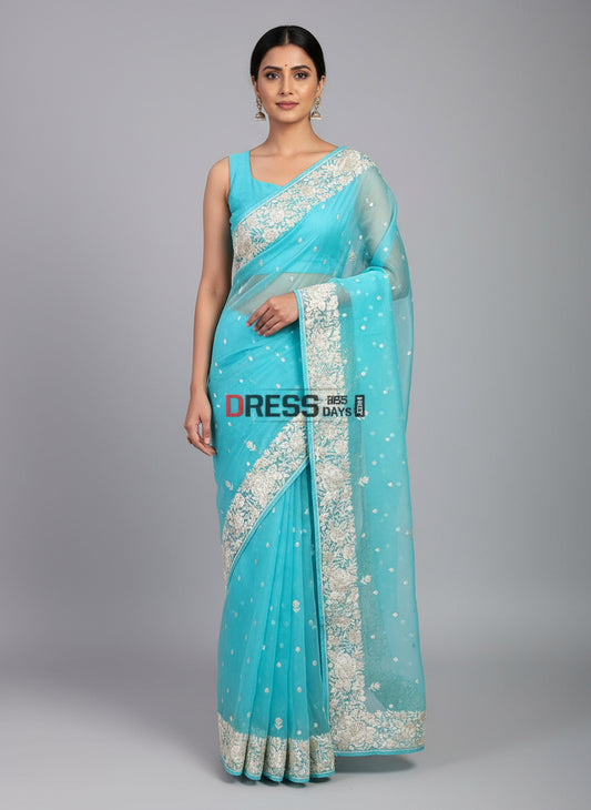 Pre Order Blue Organza Parsi Gara Saree