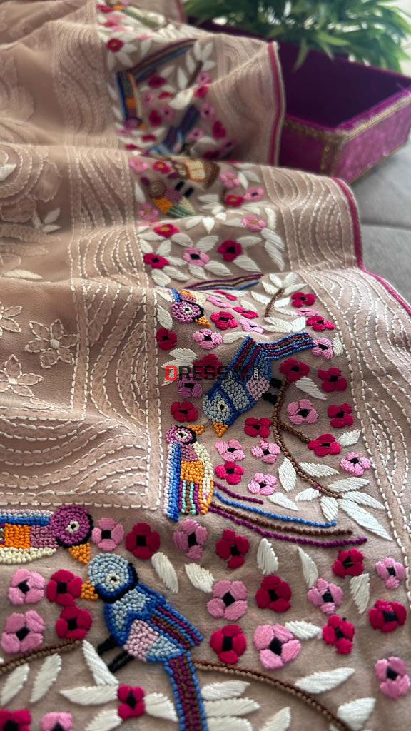 Blush Pink Parsi Gara Saree with French Knot Chikankari embroidery – Dress365days designer saree with worldwide delivery