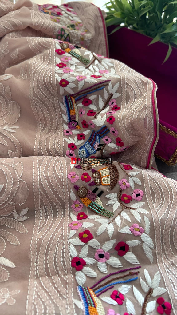 Beige Parsi Gara & French Knot Chikankari Saree