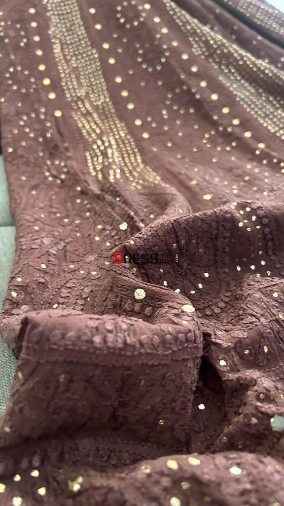 Brown Chikankari Anarkali Suit With Golden Mukaish (Anarkali And Dupatta) Chikankari Anarkali