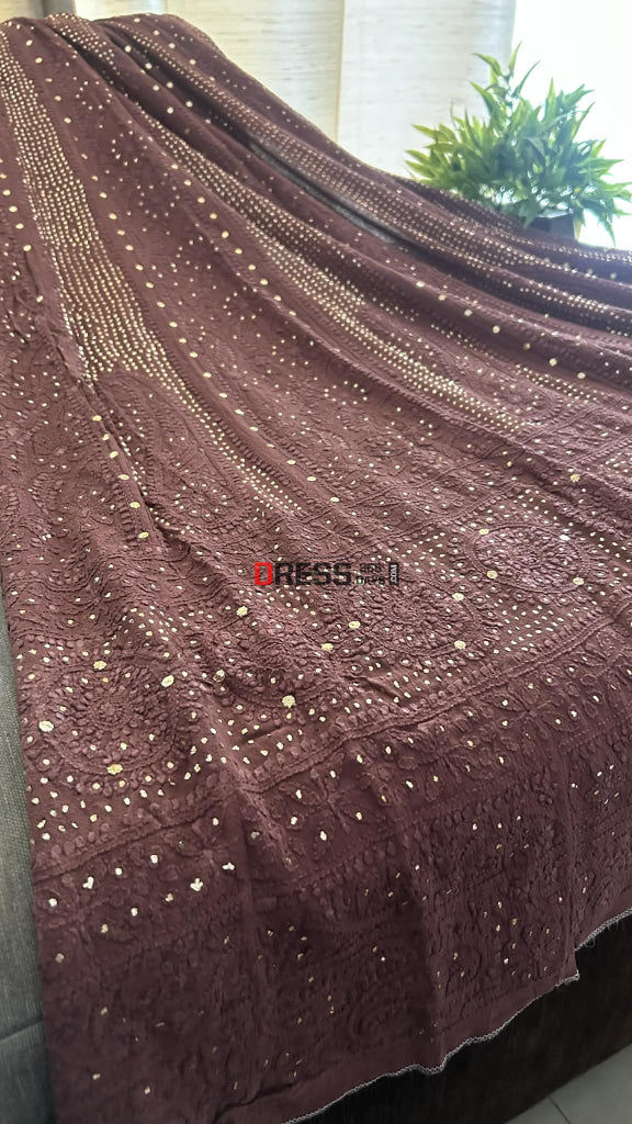 Brown Chikankari Anarkali Suit With Golden Mukaish (Anarkali And Dupatta) Chikankari Anarkali