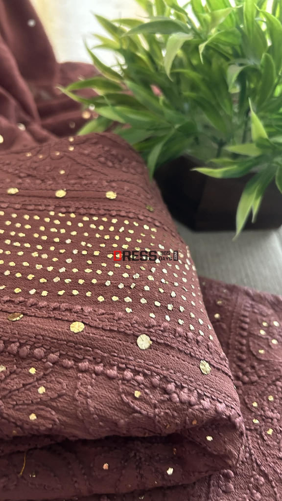 Brown Chikankari Anarkali Suit With Golden Mukaish (Anarkali And Dupatta) Chikankari Anarkali