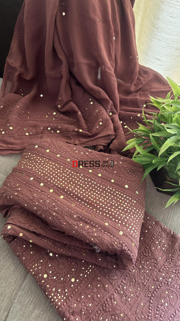 Brown Chikankari Anarkali Suit With Golden Mukaish (Anarkali And Dupatta) Chikankari Anarkali