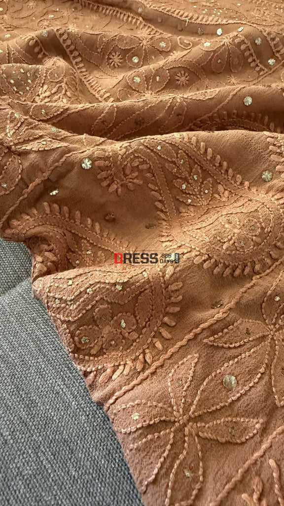 Brown Mukaish Chikankari Anarkali & Dupatta Set - Chikankari Anarkali