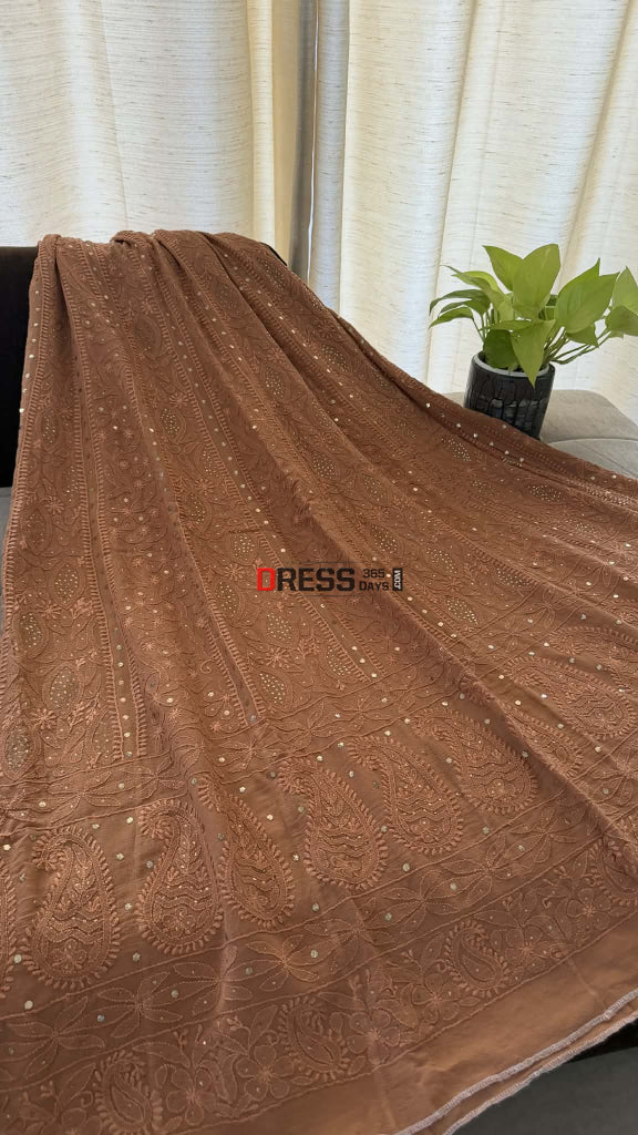 Brown Mukaish Chikankari Anarkali & Dupatta Set - Chikankari Anarkali