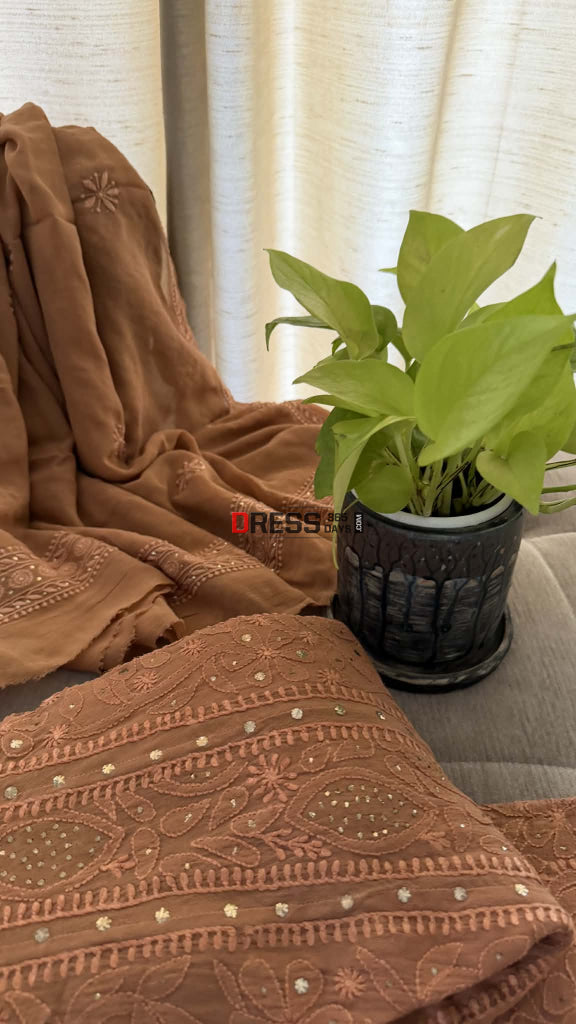 Brown Mukaish Chikankari Anarkali & Dupatta Set - Chikankari Anarkali