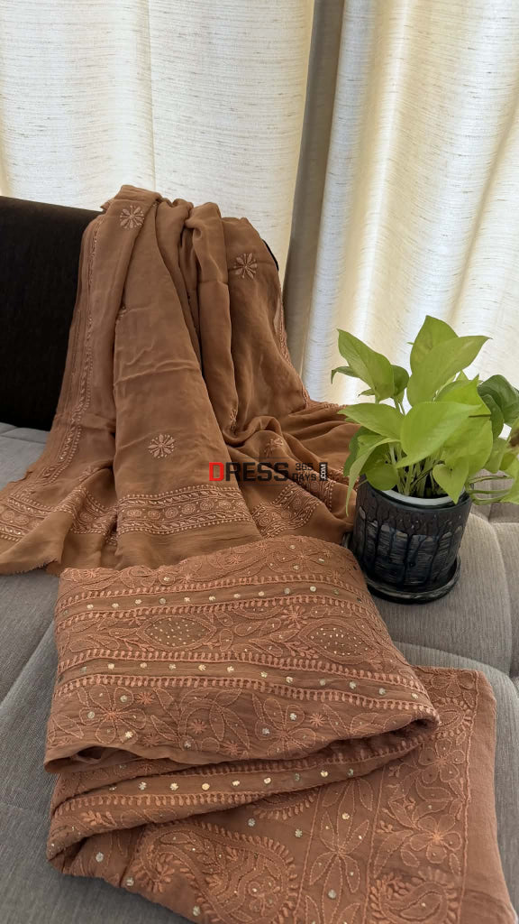 Brown Mukaish Chikankari Anarkali & Dupatta Set - Chikankari Anarkali