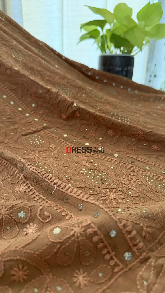 Brown Mukaish Chikankari Anarkali & Dupatta Set - Chikankari Anarkali