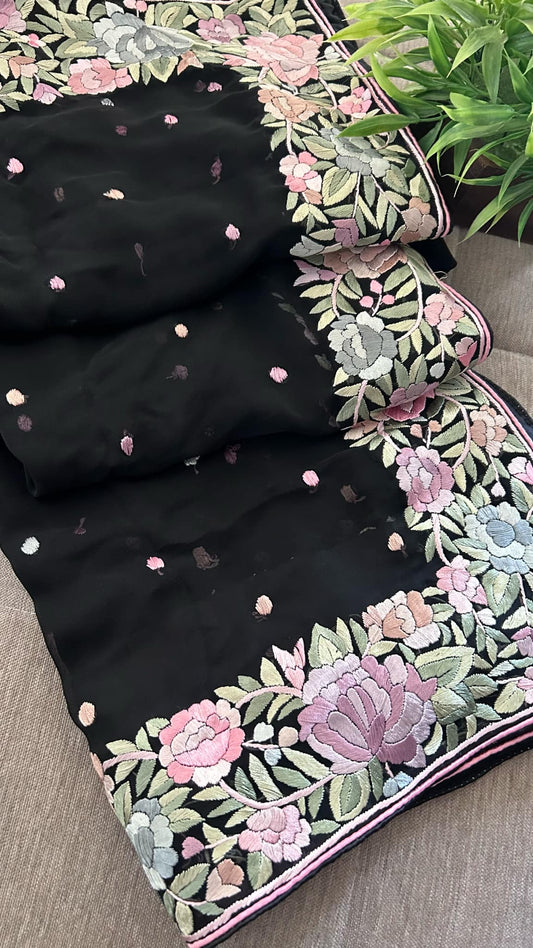 Pre Order Black Multicolour Parsi Gara Dupatta