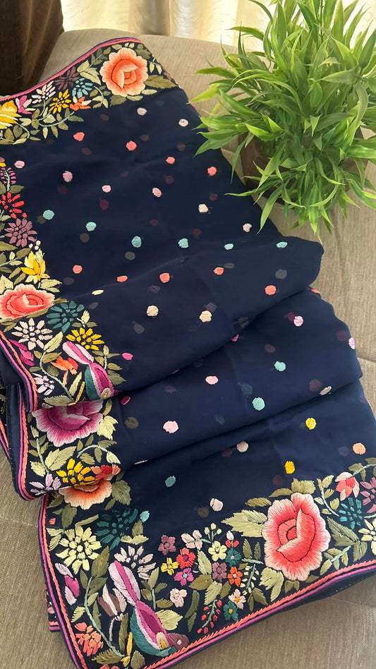 Navy Multicolour Parsi Gara Dupatta