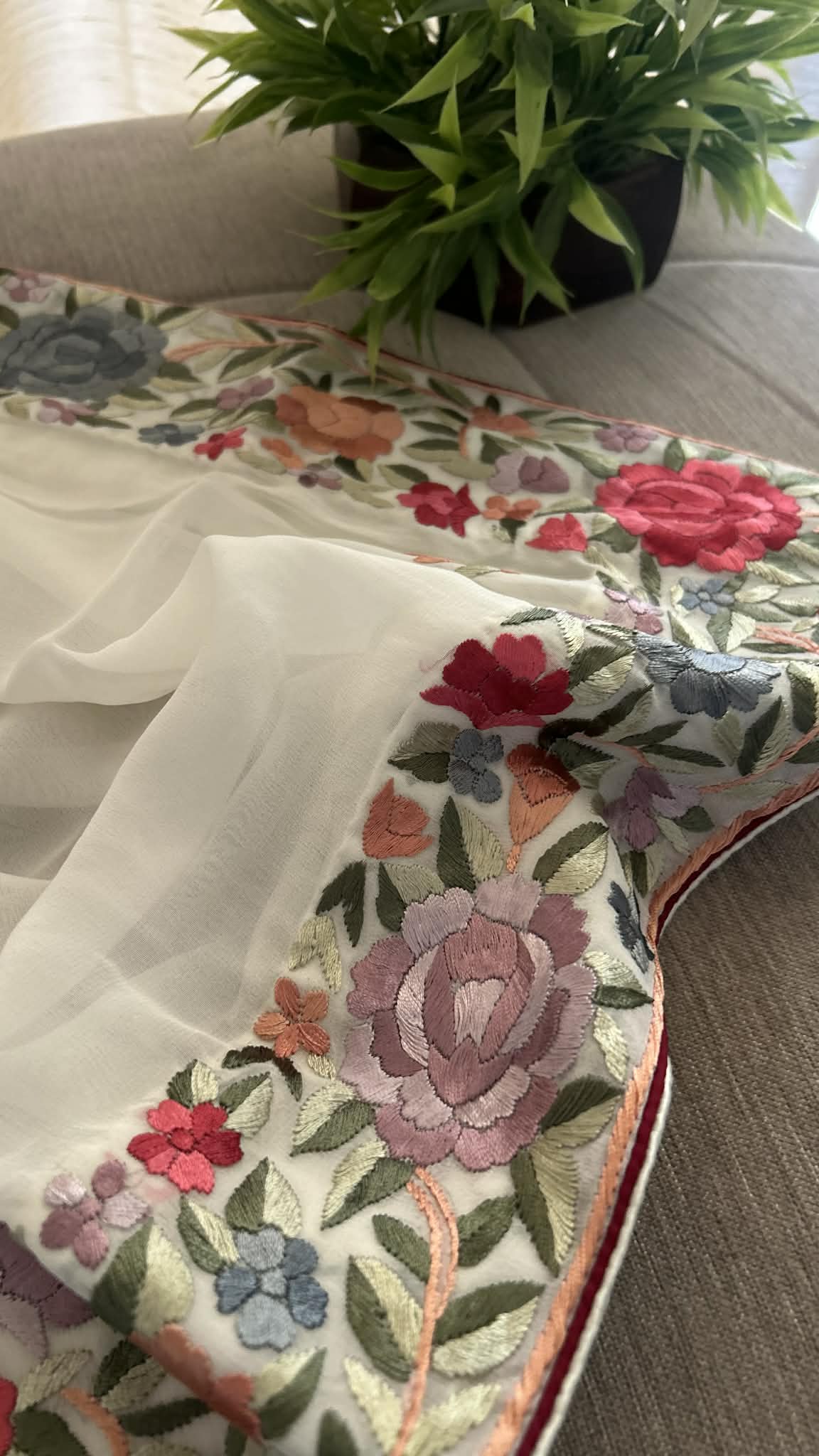 Designer Ivory White Parsi Gara Dupatta