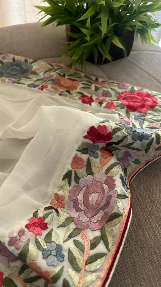 Designer Ivory White Parsi Gara Dupatta