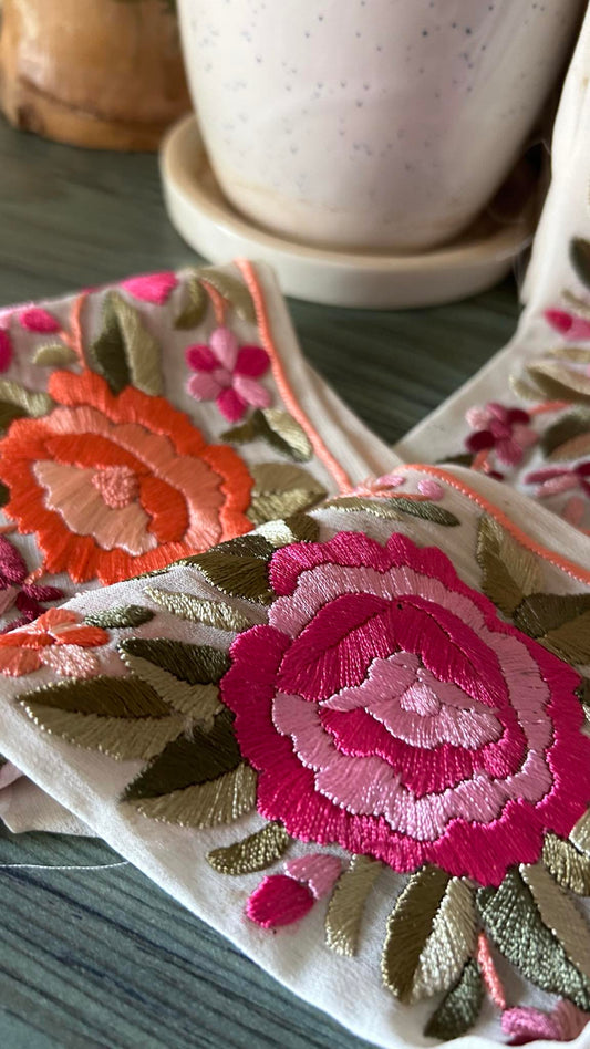 White & Multicolour Parsi Gara Hand Embroidered Border