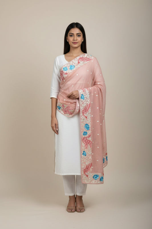 Pre Order Designer Light Pink Parsi Gara Dupatta